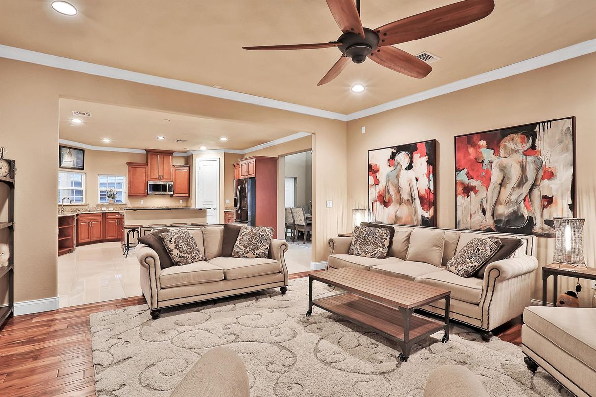 Interior, Kitchen, Living room, Recessed Lighting, Stainless Steel Appliances, Wood Texture Flooring