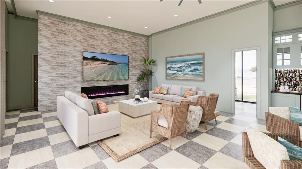 Fireplace, Interior, Living room, Recessed Lighting, Stone Walls