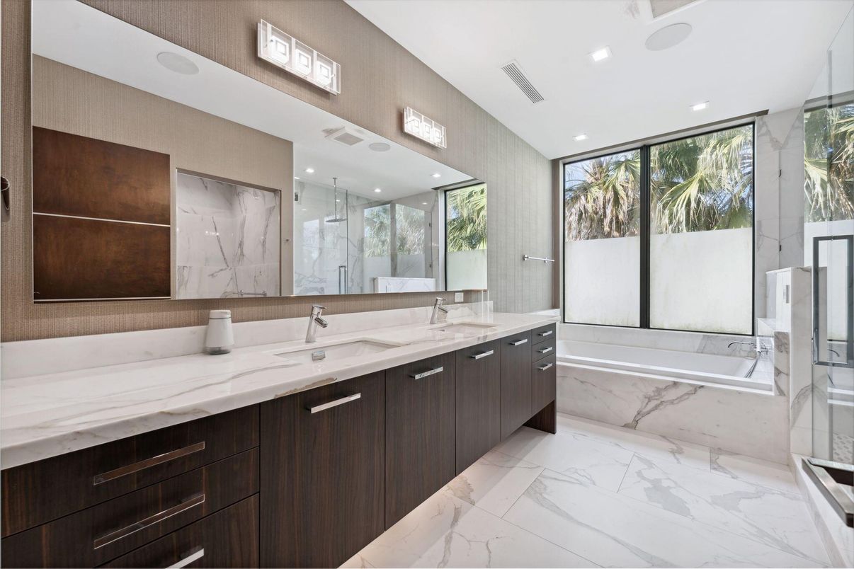 Bathroom, Dual Sink Vanities, Glass Shower, Interior, Marble, Recessed Lighting