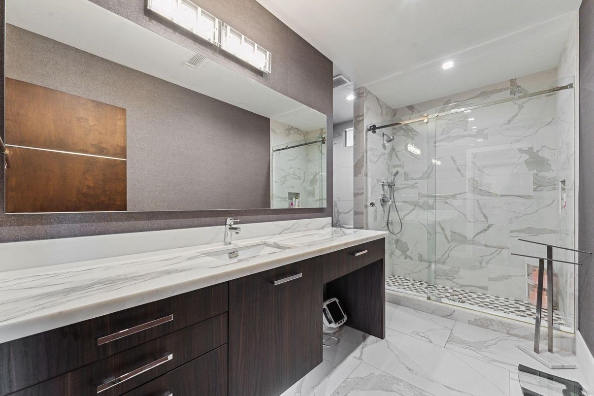 Bathroom, Glass Shower, Interior, Marble, Marble Walls, Recessed Lighting