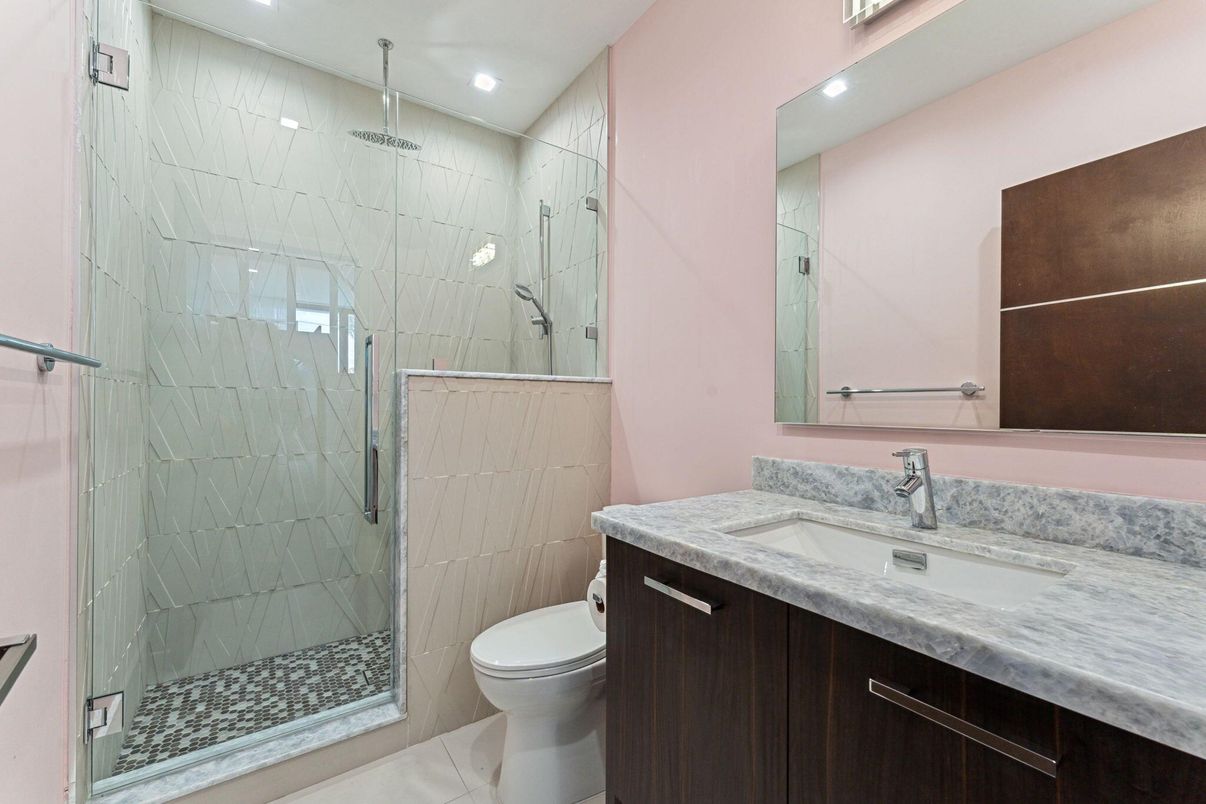 Bathroom, Glass Shower, Interior, Marble Walls, Recessed Lighting
