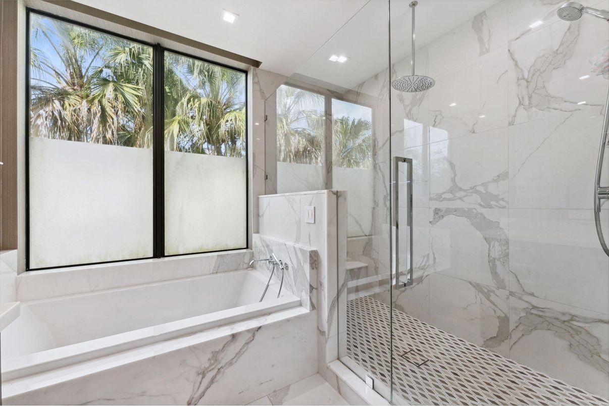 Bathroom, Glass Shower, Interior, Marble Walls, Recessed Lighting