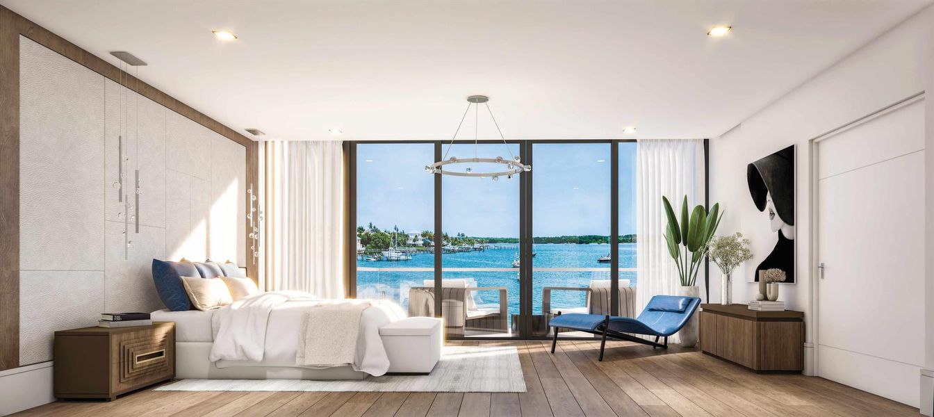 Bedroom, Interior, Recessed Lighting, Water, Wood Texture Flooring