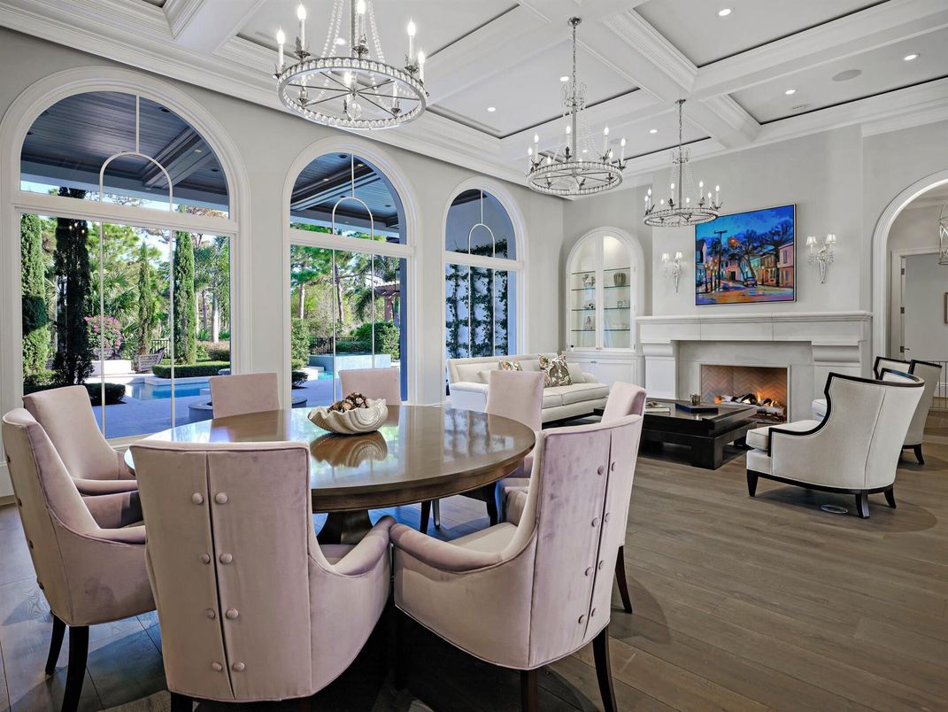 Chandelier, Dining room, Fireplace, Interior, Living room, Recessed Lighting, Wood Texture Flooring