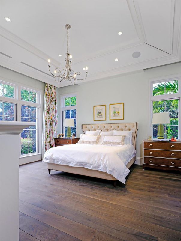 Bedroom, Chandelier, Interior, Recessed Lighting, Wood Texture Flooring