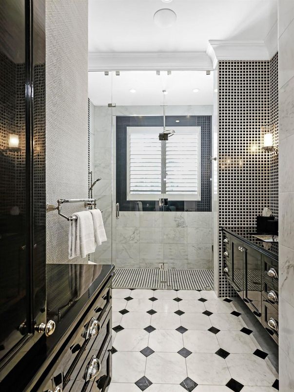 Bathroom, Glass Shower, Interior, Marble Walls, Recessed Lighting