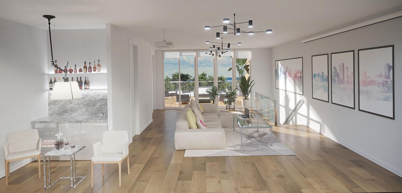 Interior, Living room, Pendant Lights, Wood Texture Flooring