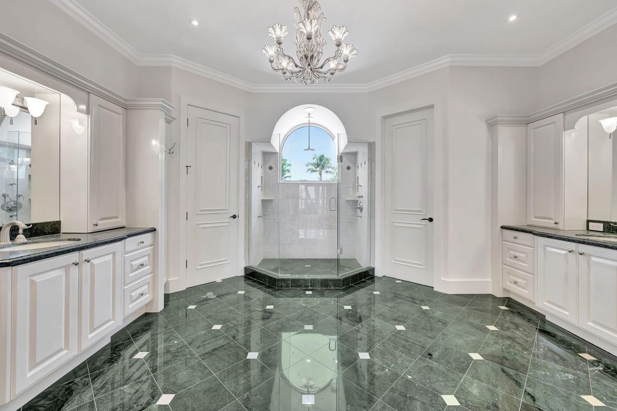 Bathroom, Chandelier, Glass Shower, Interior, Marble, Recessed Lighting