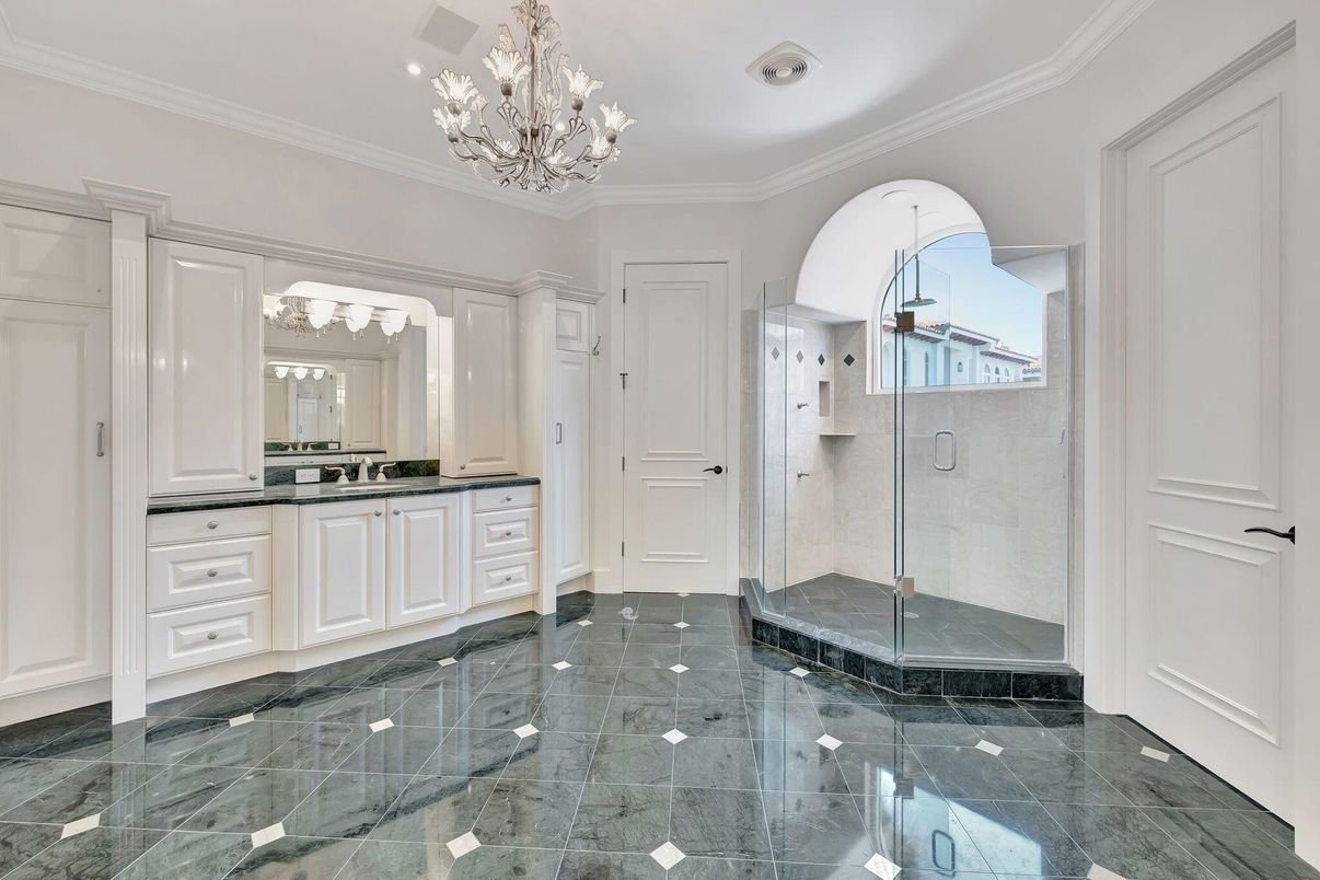 Bathroom, Chandelier, Glass Shower, Interior, Recessed Lighting