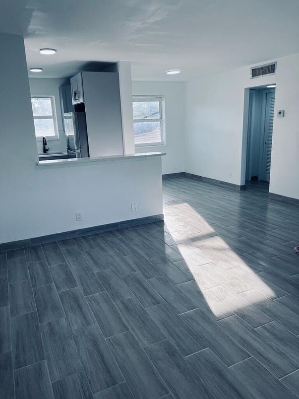 Empty room, Interior, Kitchen, Recessed Lighting, Wood Texture Flooring