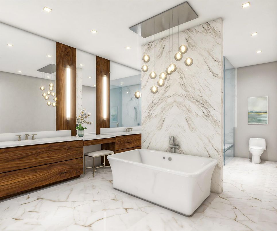 Bathroom, Free Standing Baths, Interior, Marble, Marble Walls, Pendant Lights, Recessed Lighting