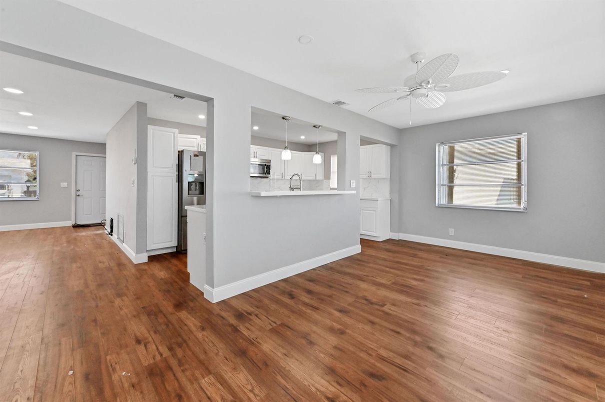 Empty room, Interior, Kitchen, Recessed Lighting, Wood Texture Flooring