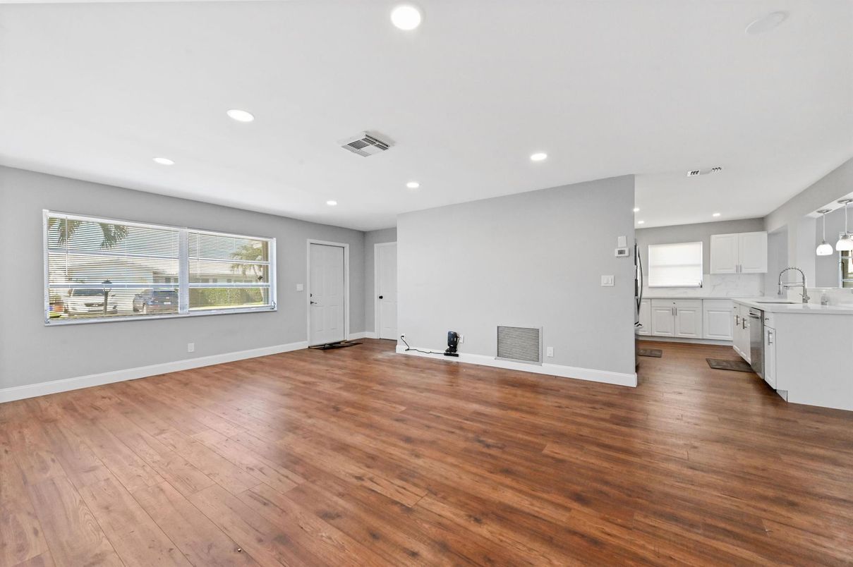 Empty room, Interior, Kitchen, Recessed Lighting, Wood Texture Flooring