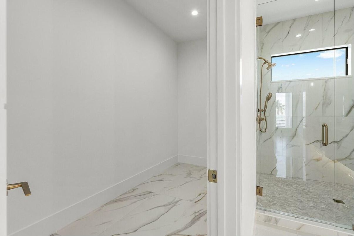 Bathroom, Glass Shower, Interior, Marble, Marble Walls, Recessed Lighting