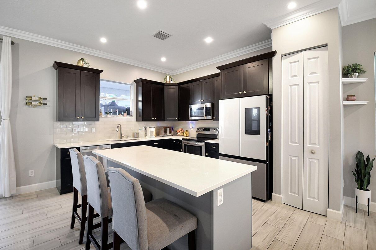 Interior, Kitchen, Recessed Lighting, Stainless Steel Appliances, Wood Texture Flooring