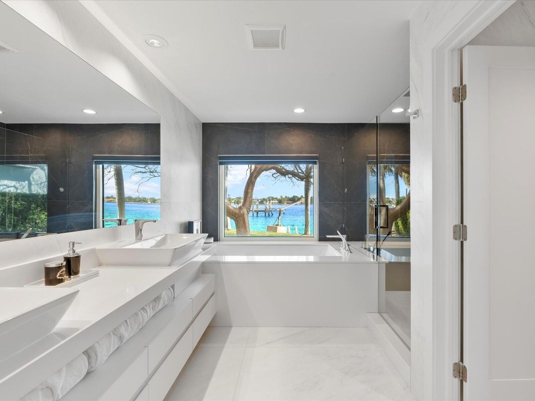 Bathroom, Dual Sink Vanities, Glass Shower, Interior, Marble, Recessed Lighting, Water