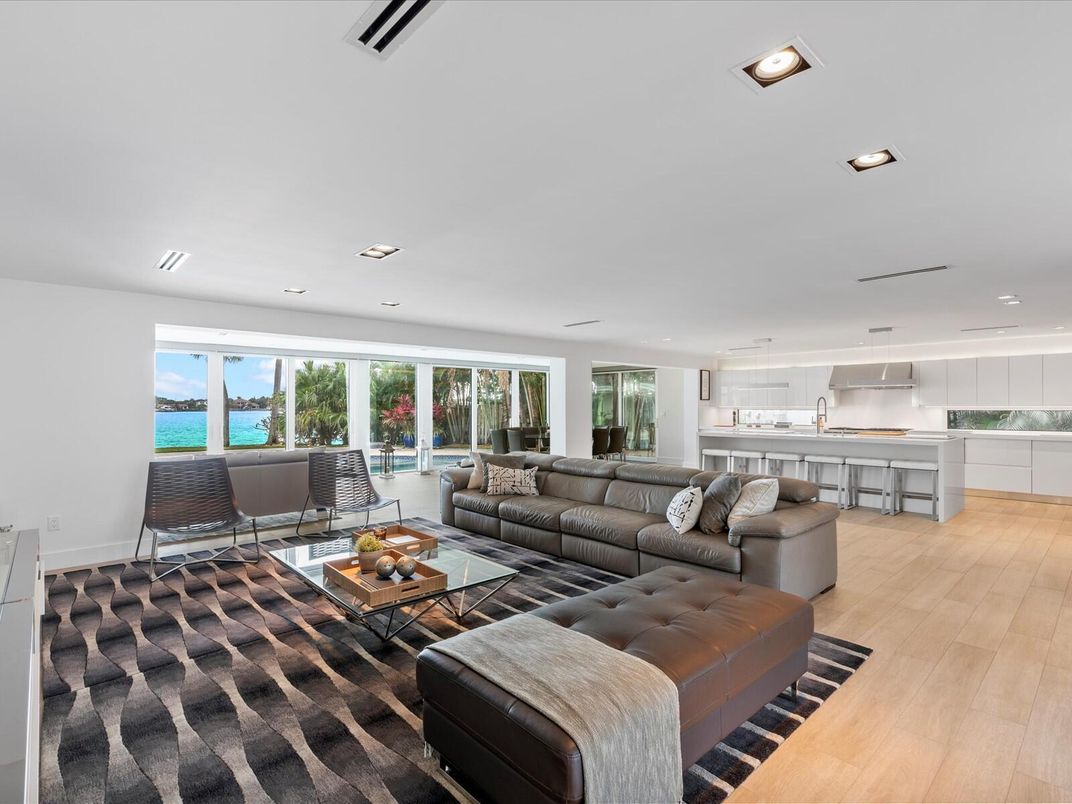 Interior, Kitchen, Living room, Pendant Lights, Recessed Lighting, Water, Wood Texture Flooring