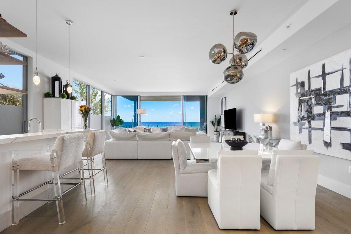 Dining room, Interior, Living room, Pendant Lights, Water, Wood Texture Flooring
