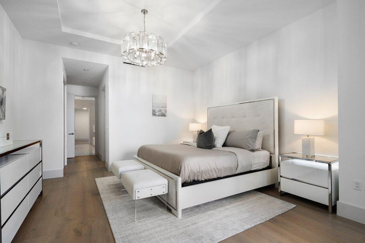 Bedroom, Chandelier, Interior, Wood Texture Flooring