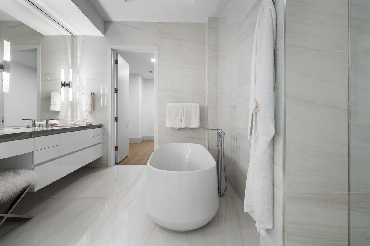 Bathroom, Dual Sink Vanities, Free Standing Baths, Interior, Recessed Lighting, Wood Texture Flooring