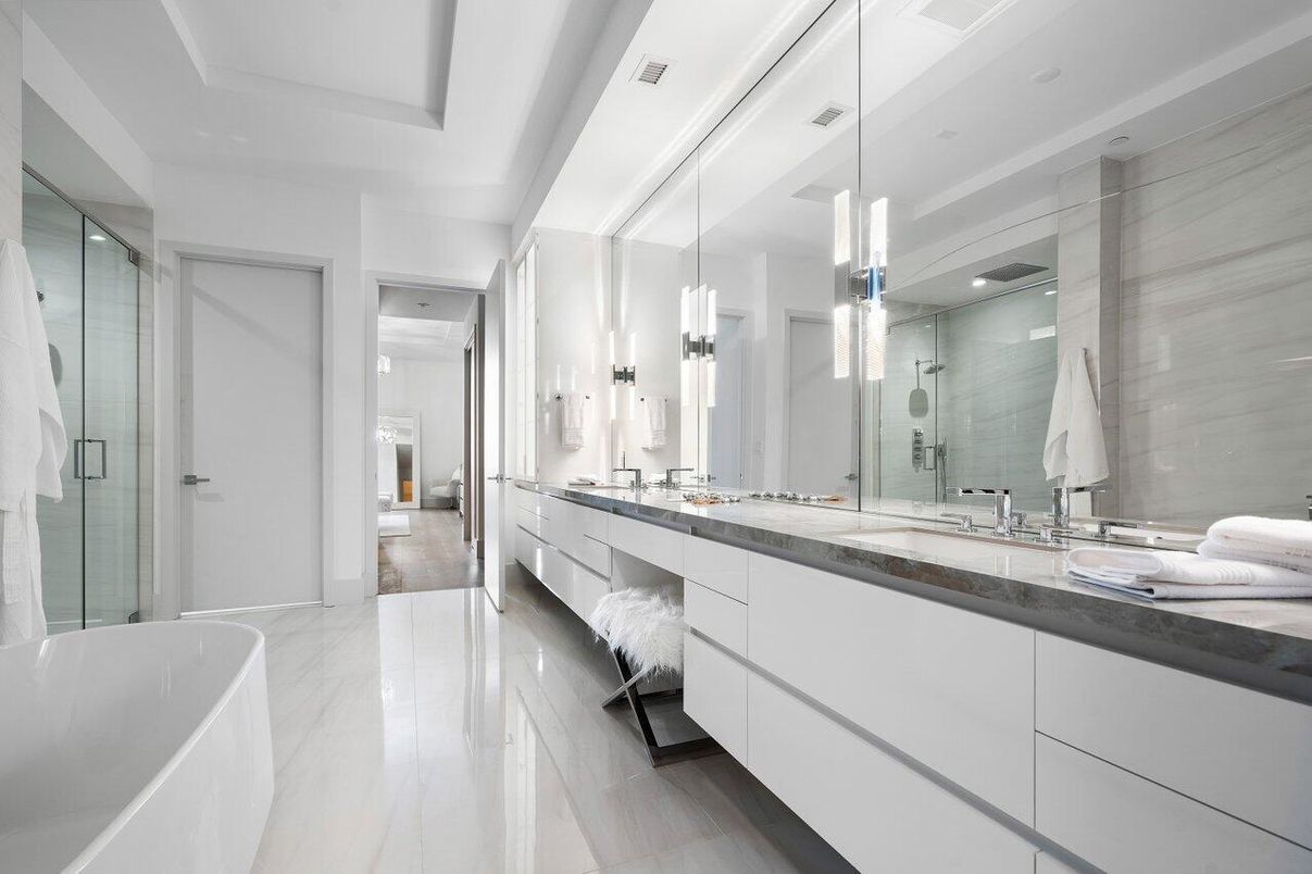 Bathroom, Dual Sink Vanities, Free Standing Baths, Glass Shower, Interior, Marble, Recessed Lighting