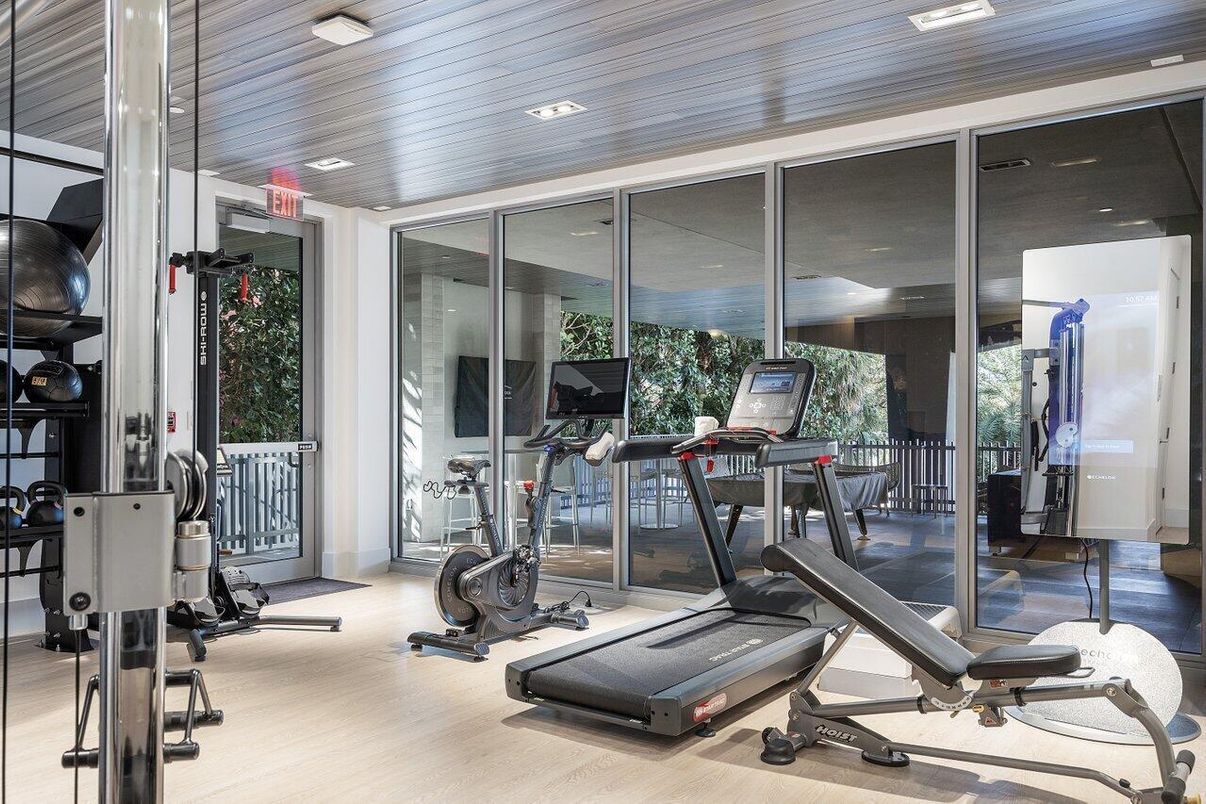 Fitness Equipment, Interior, Recessed Lighting, Wooden Ceilings, Wood Texture Flooring