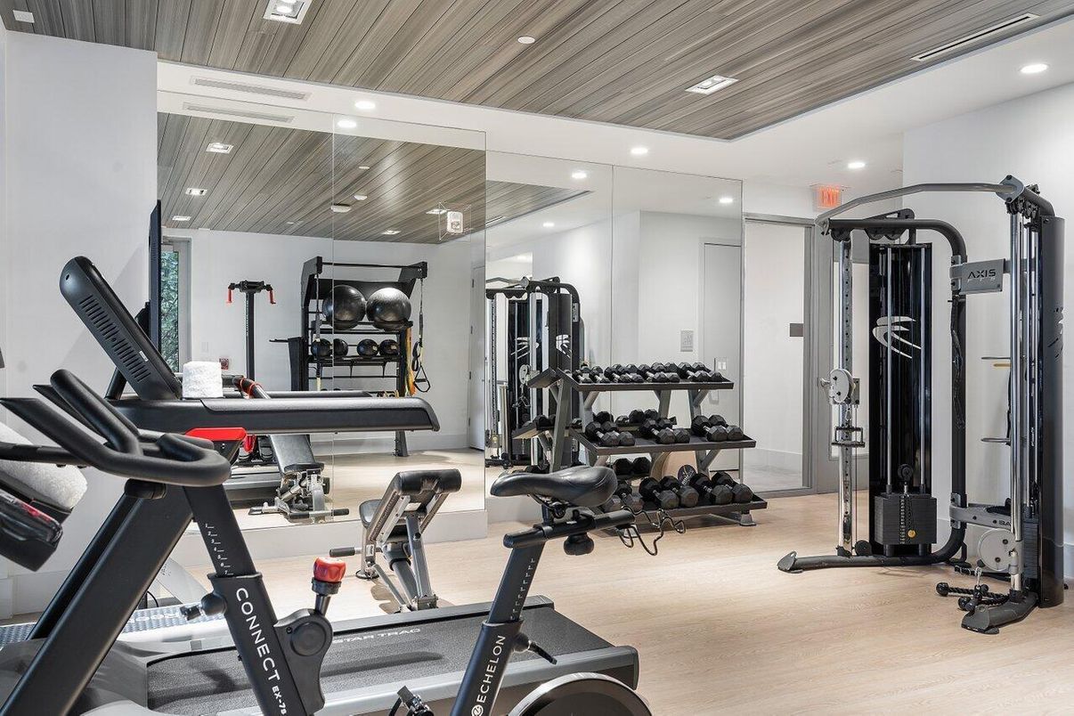 Fitness Equipment, Gym, Interior, Recessed Lighting, Wooden Ceilings, Wood Texture Flooring