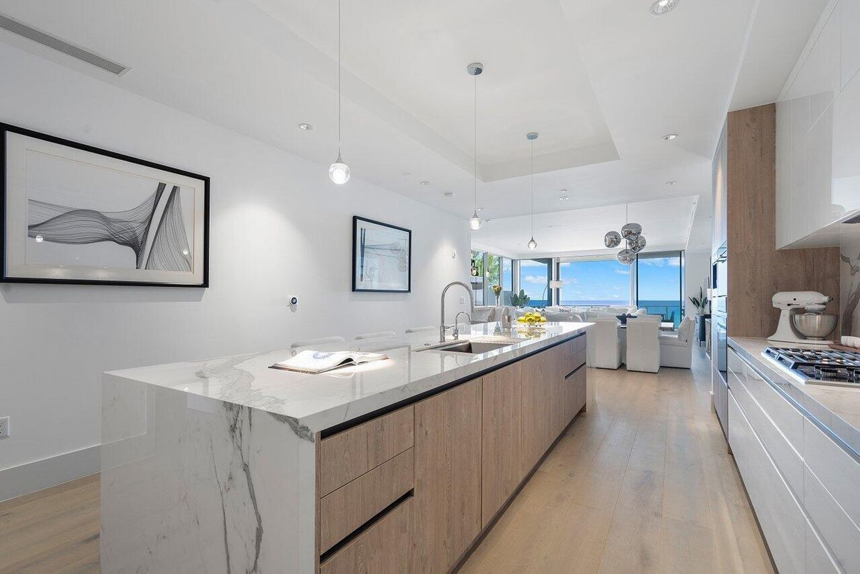 Interior, Kitchen, Pendant Lights, Recessed Lighting, Stainless Steel Appliances, Water, Wood Texture Flooring