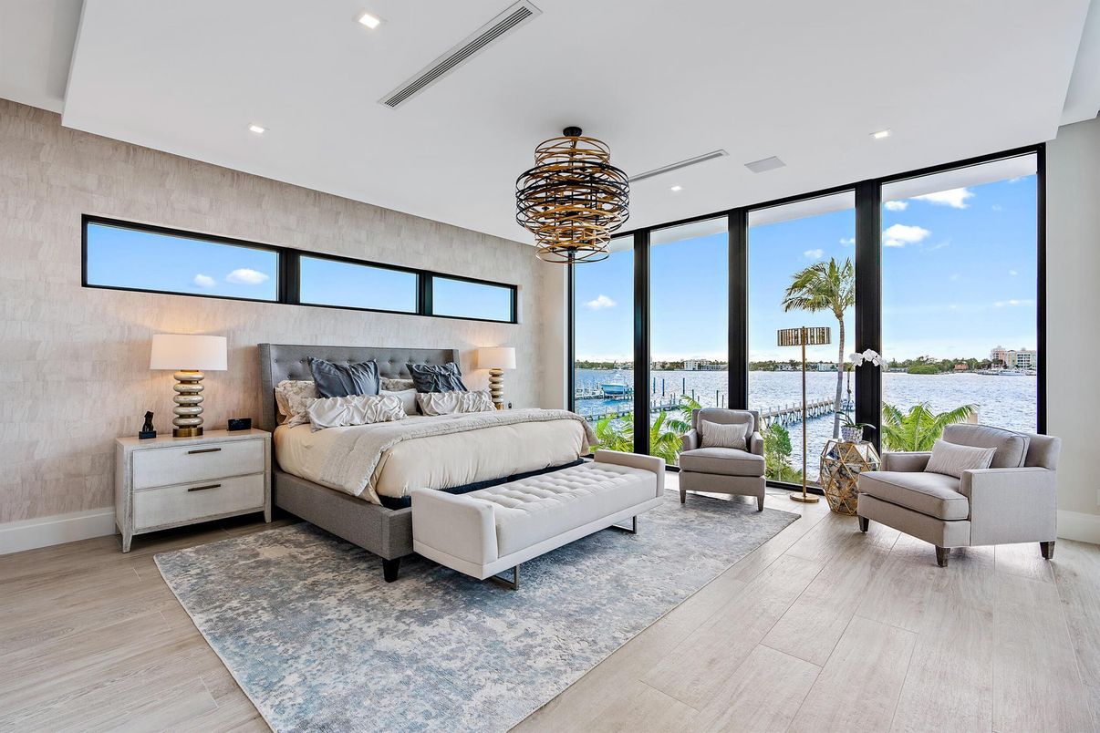 Bedroom, Chandelier, Interior, Recessed Lighting, Water, Wood Texture Flooring