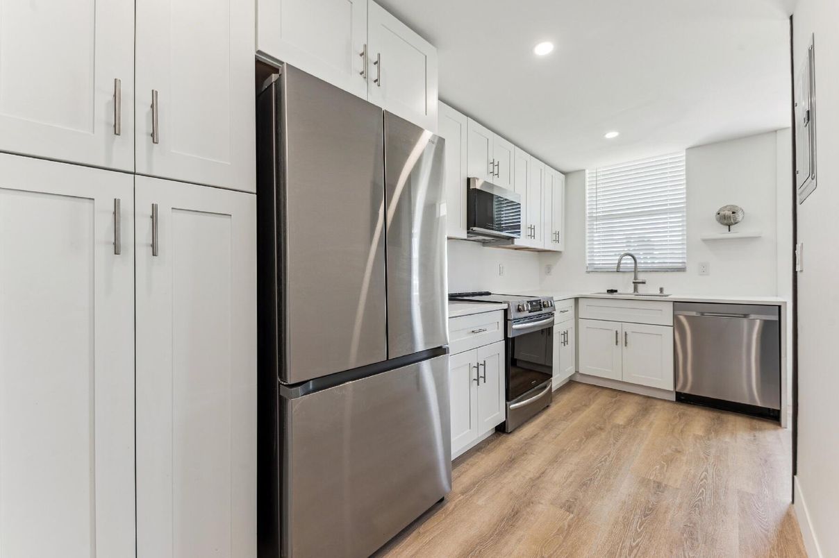 Interior, Kitchen, Recessed Lighting, Stainless Steel Appliances, Wood Texture Flooring