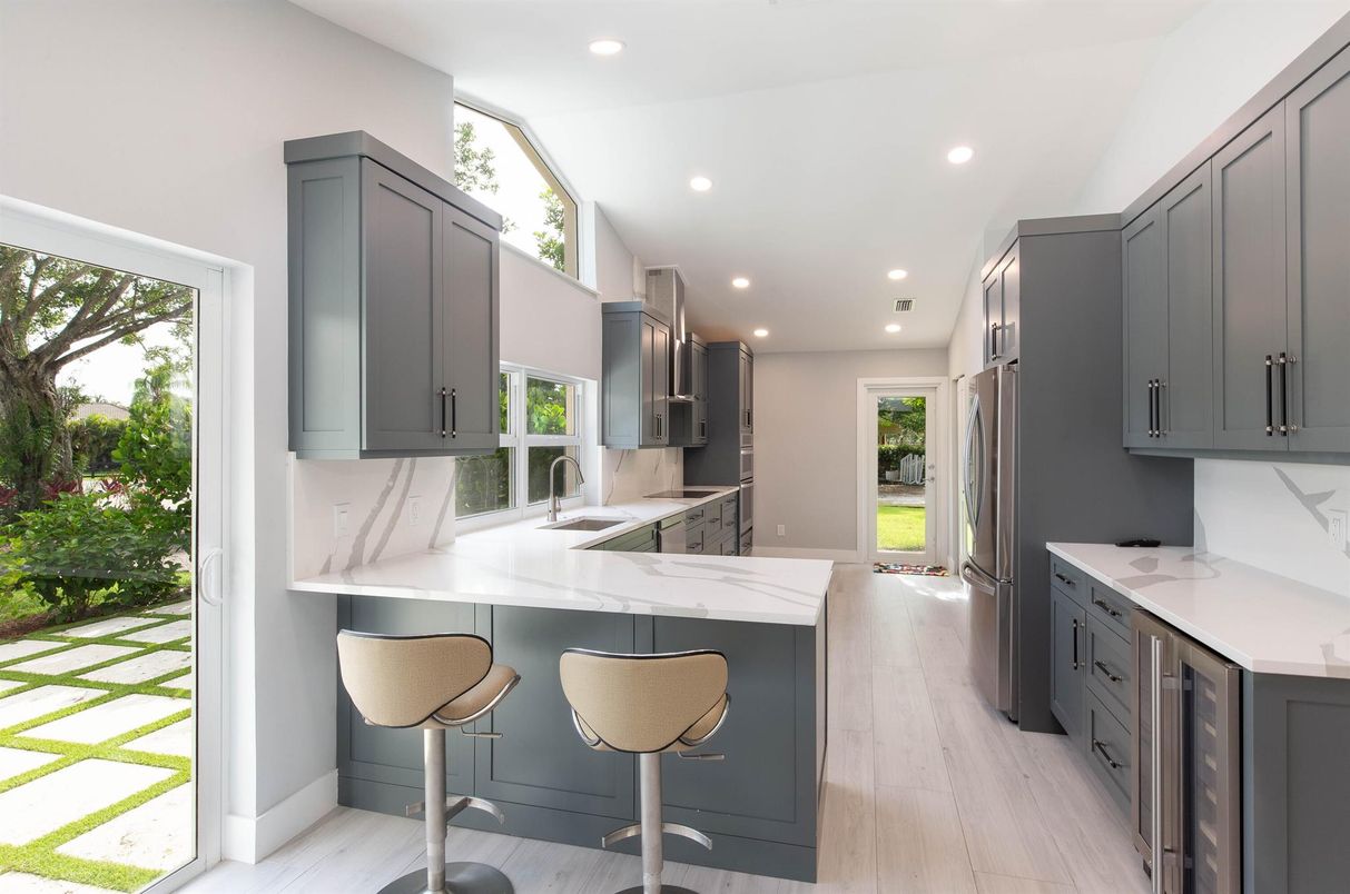 Interior, Kitchen, Marble Walls, Recessed Lighting, Wood Texture Flooring