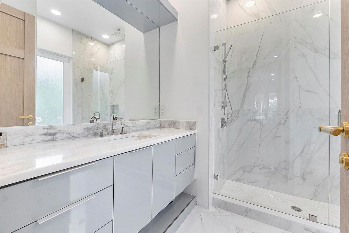Bathroom, Glass Shower, Interior, Marble, Marble Walls, Recessed Lighting