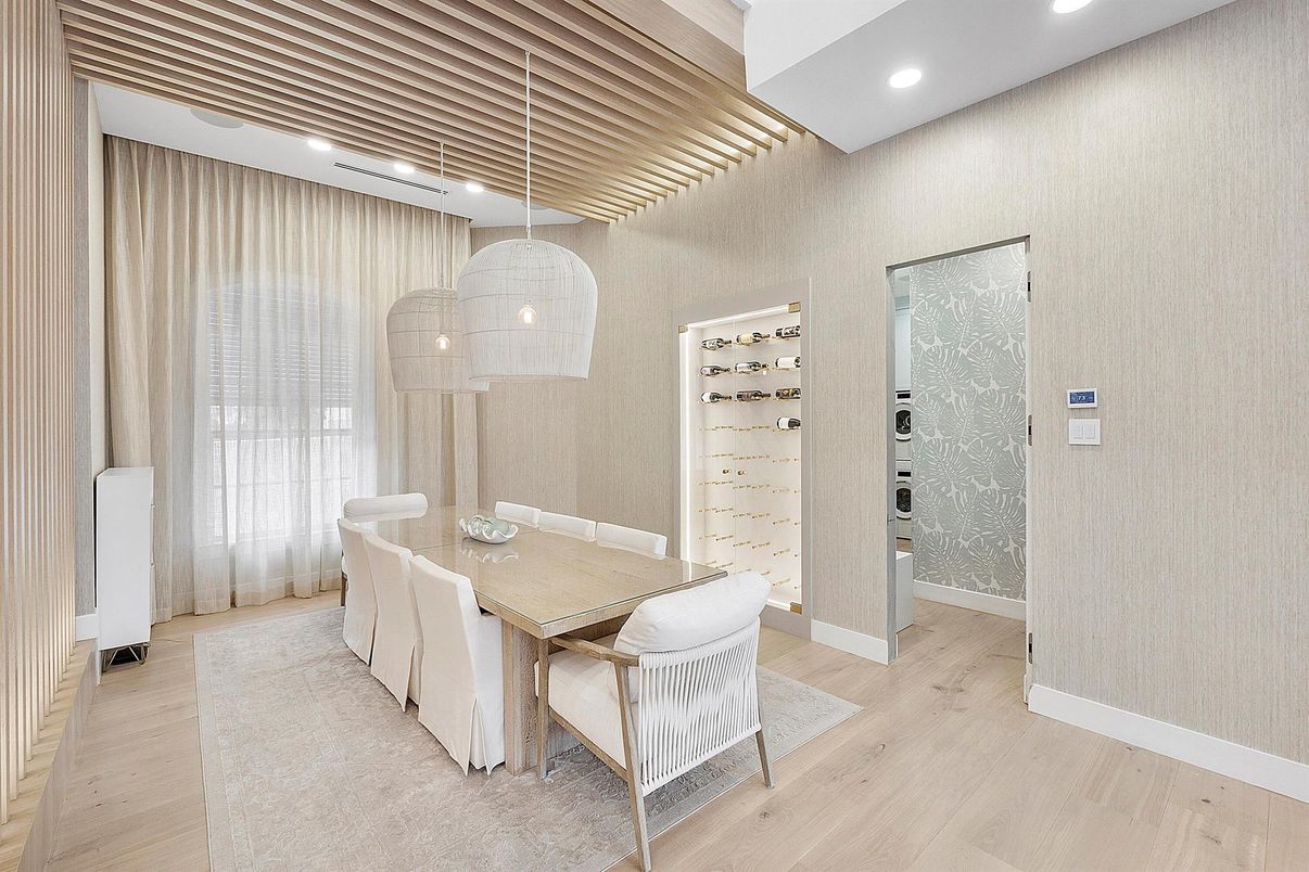 Dining room, Interior, Pendant Lights, Recessed Lighting, Wood Texture Flooring