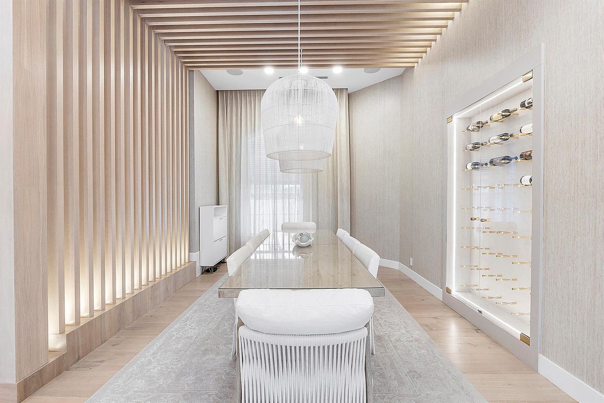 Dining room, Interior, Pendant Lights, Recessed Lighting, Wood Texture Flooring