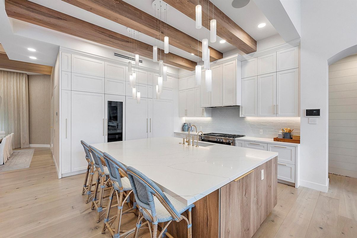 Interior, Kitchen, Pendant Lights, Recessed Lighting, Stainless Steel Appliances, Wooden Beams, Wood Texture Flooring
