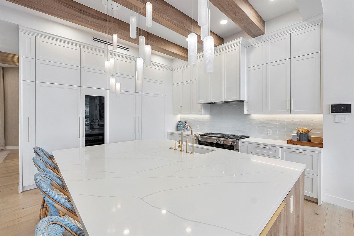 Interior, Kitchen, Pendant Lights, Recessed Lighting, Wooden Beams, Wood Texture Flooring