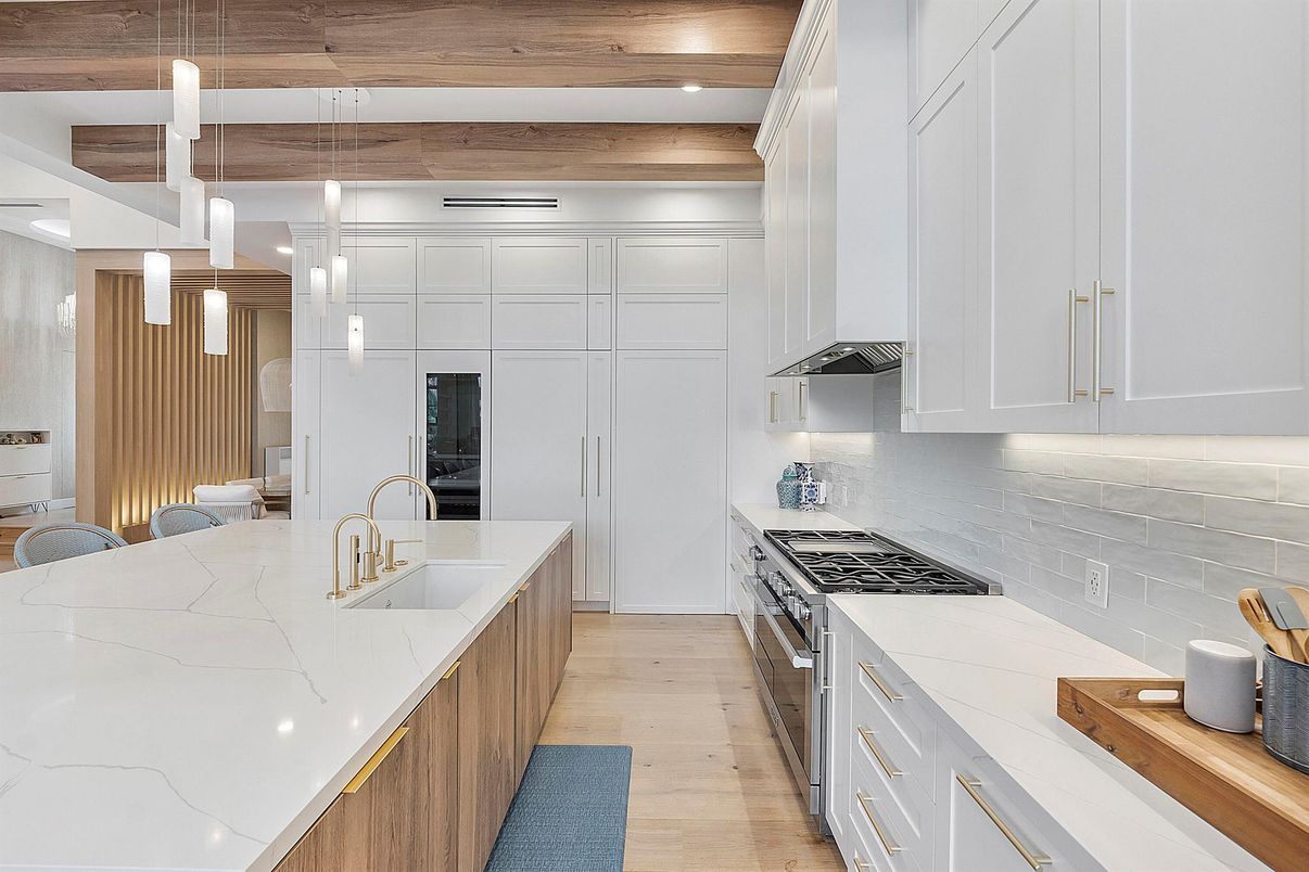 Interior, Kitchen, Pendant Lights, Recessed Lighting, Wooden Beams, Wooden Ceilings, Wood Texture Flooring