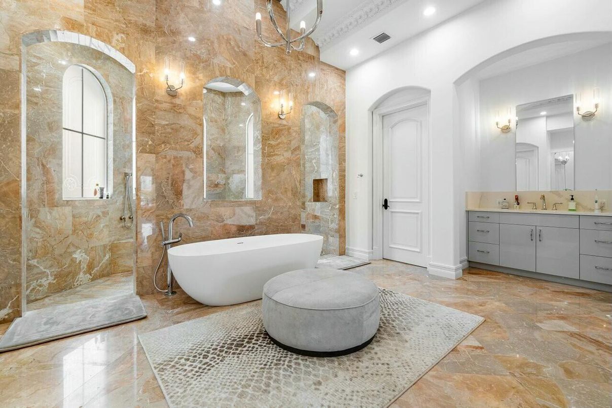Bathroom, Dual Sink Vanities, Free Standing Baths, Glass Shower, Interior, Recessed Lighting, Stone Walls