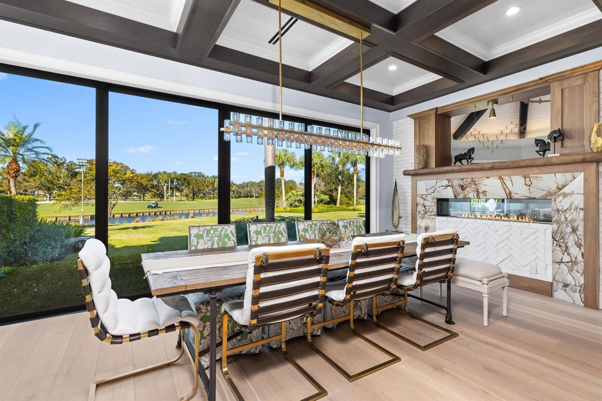 Dining room, Fireplace, Interior, Pendant Lights, Recessed Lighting, Wood Texture Flooring