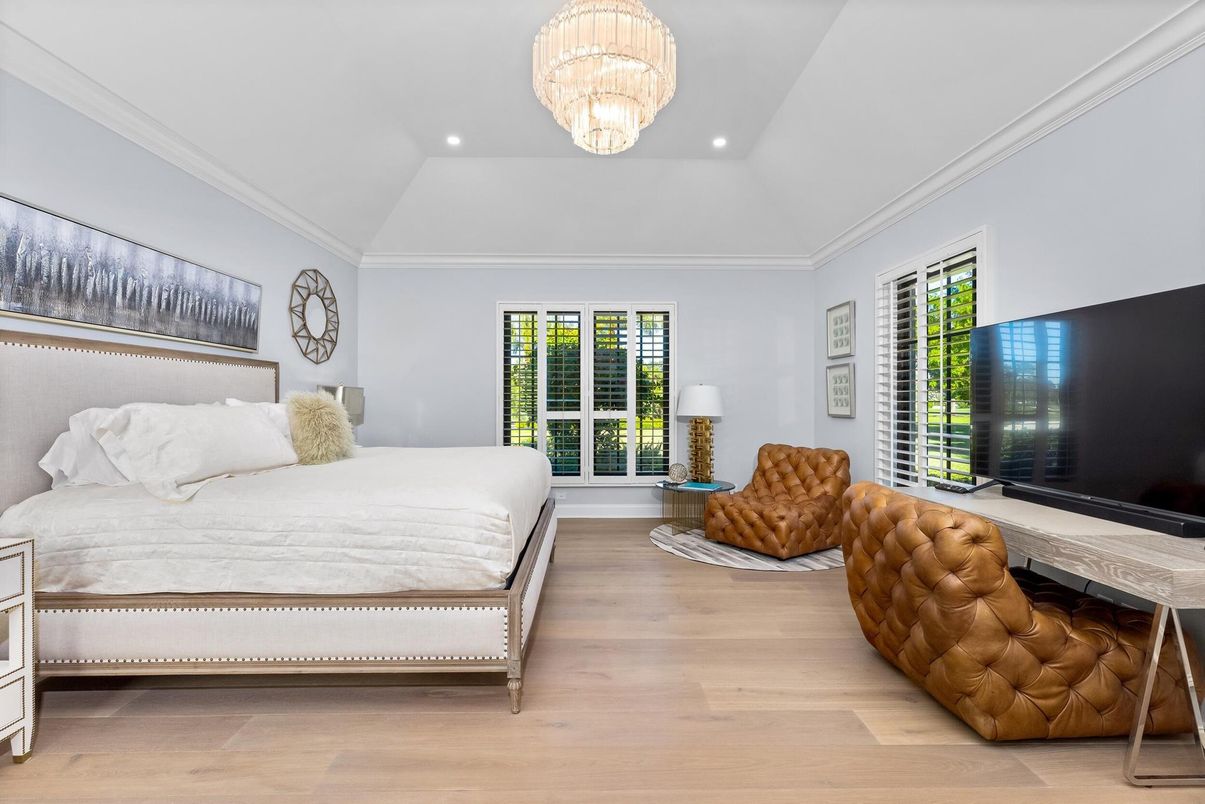 Bedroom, Chandelier, Interior, Recessed Lighting, Wood Texture Flooring