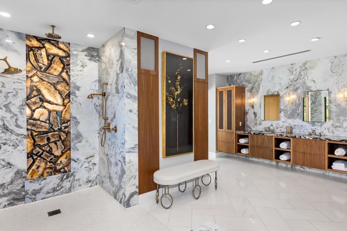 Bathroom, Dual Sink Vanities, Interior, Marble, Marble Walls, Recessed Lighting