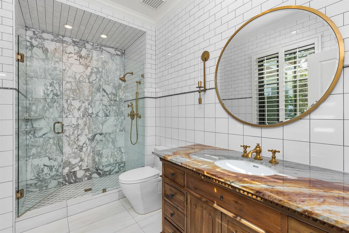 Bathroom, Glass Shower, Interior, Marble Walls, Recessed Lighting