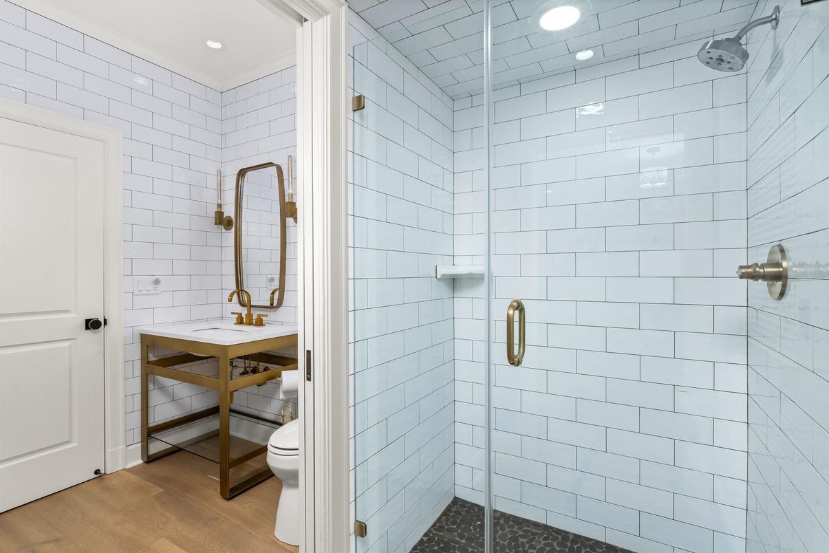Bathroom, Glass Shower, Interior, Recessed Lighting, Wood Texture Flooring