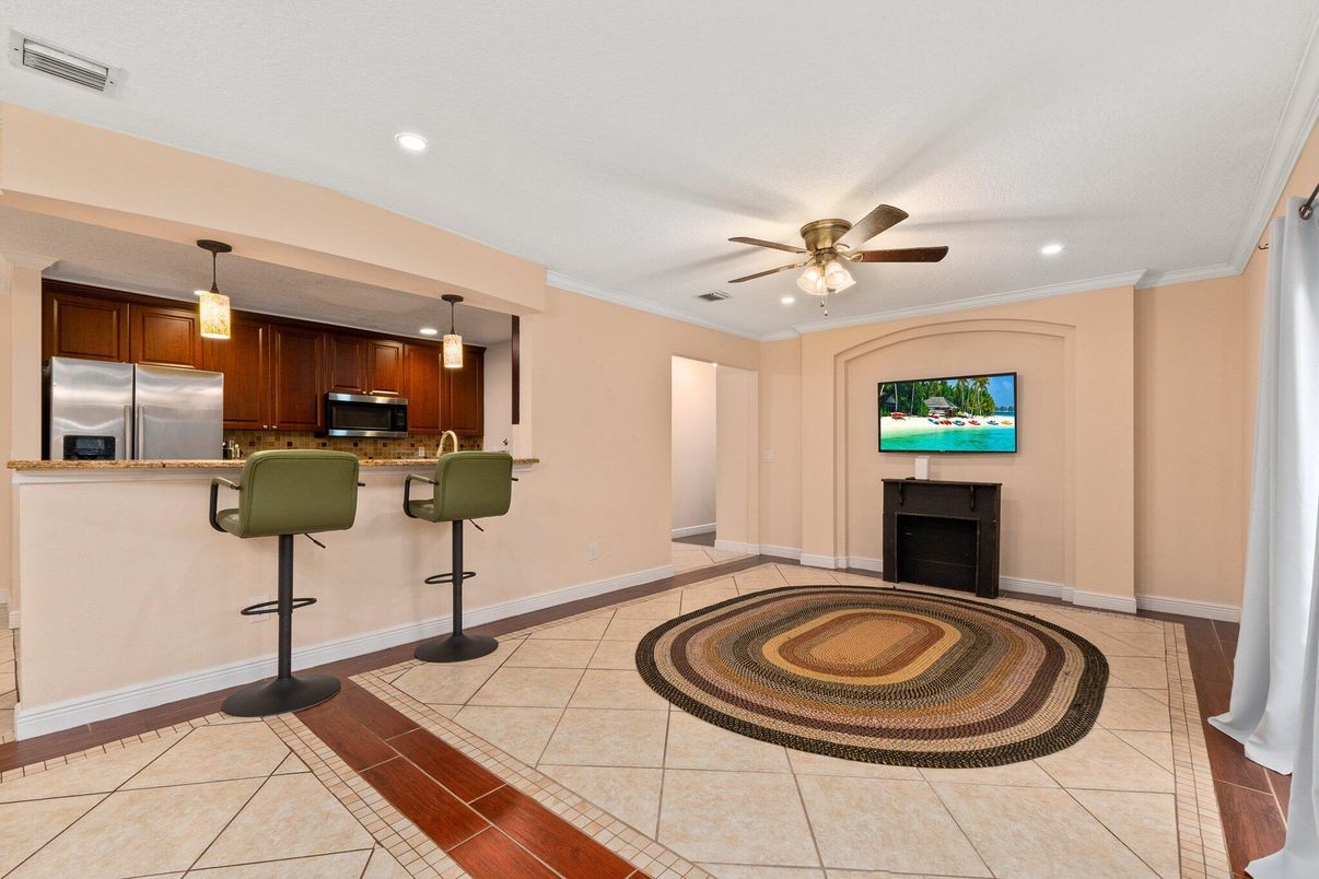 Fireplace, Interior, Kitchen, Pendant Lights, Recessed Lighting, Stainless Steel Appliances