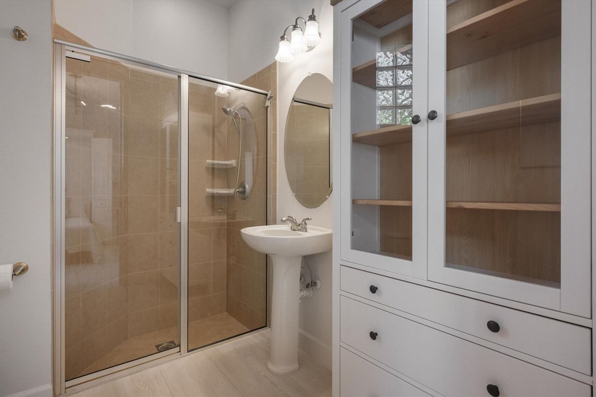 Bathroom, Glass Shower, Interior, Wood Texture Flooring