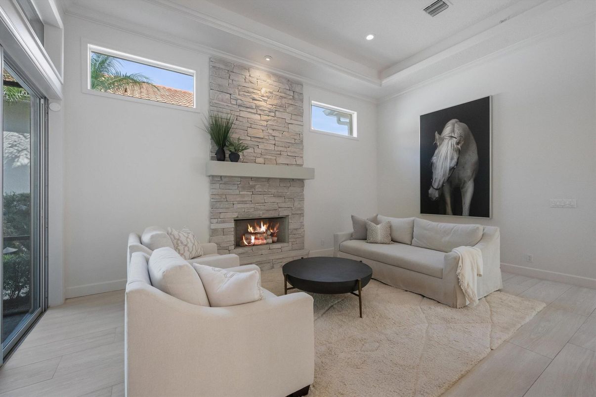 Fireplace, Interior, Living room, Recessed Lighting, Stone Walls