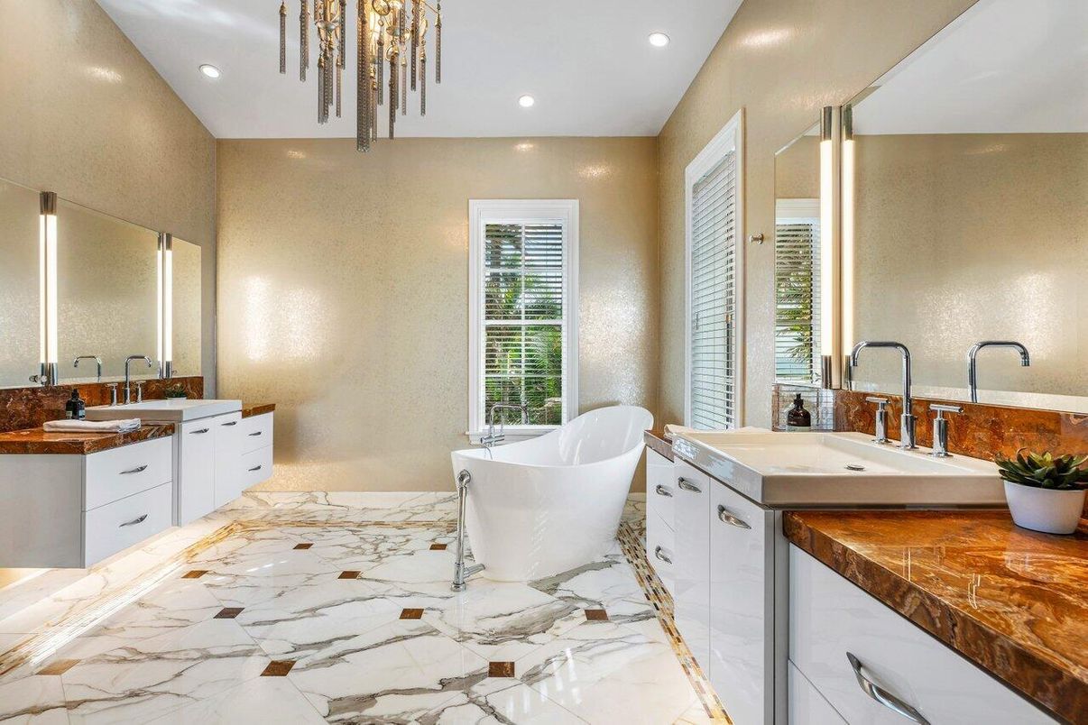 Bathroom, Dual Sink Vanities, Free Standing Baths, Interior, Marble, Recessed Lighting