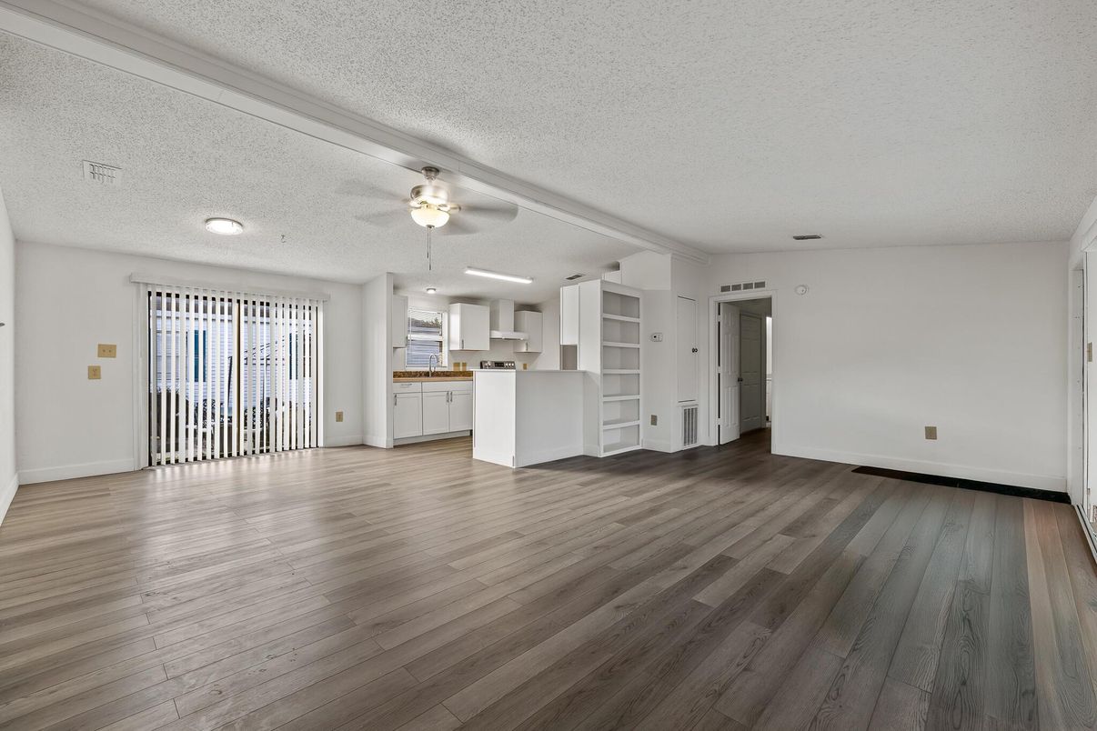 Empty room, Interior, Kitchen, Recessed Lighting, Wood Texture Flooring