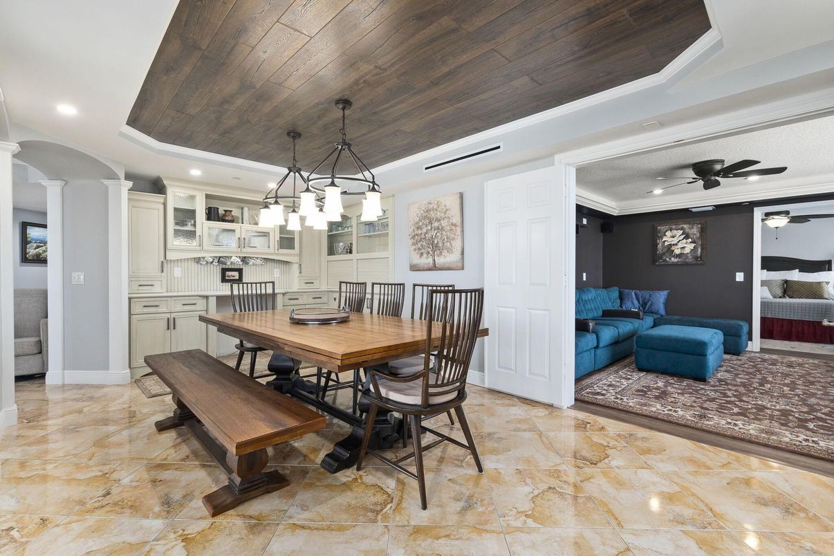 Dining room, Interior, Kitchen, Pendant Lights, Recessed Lighting, Wooden Ceilings