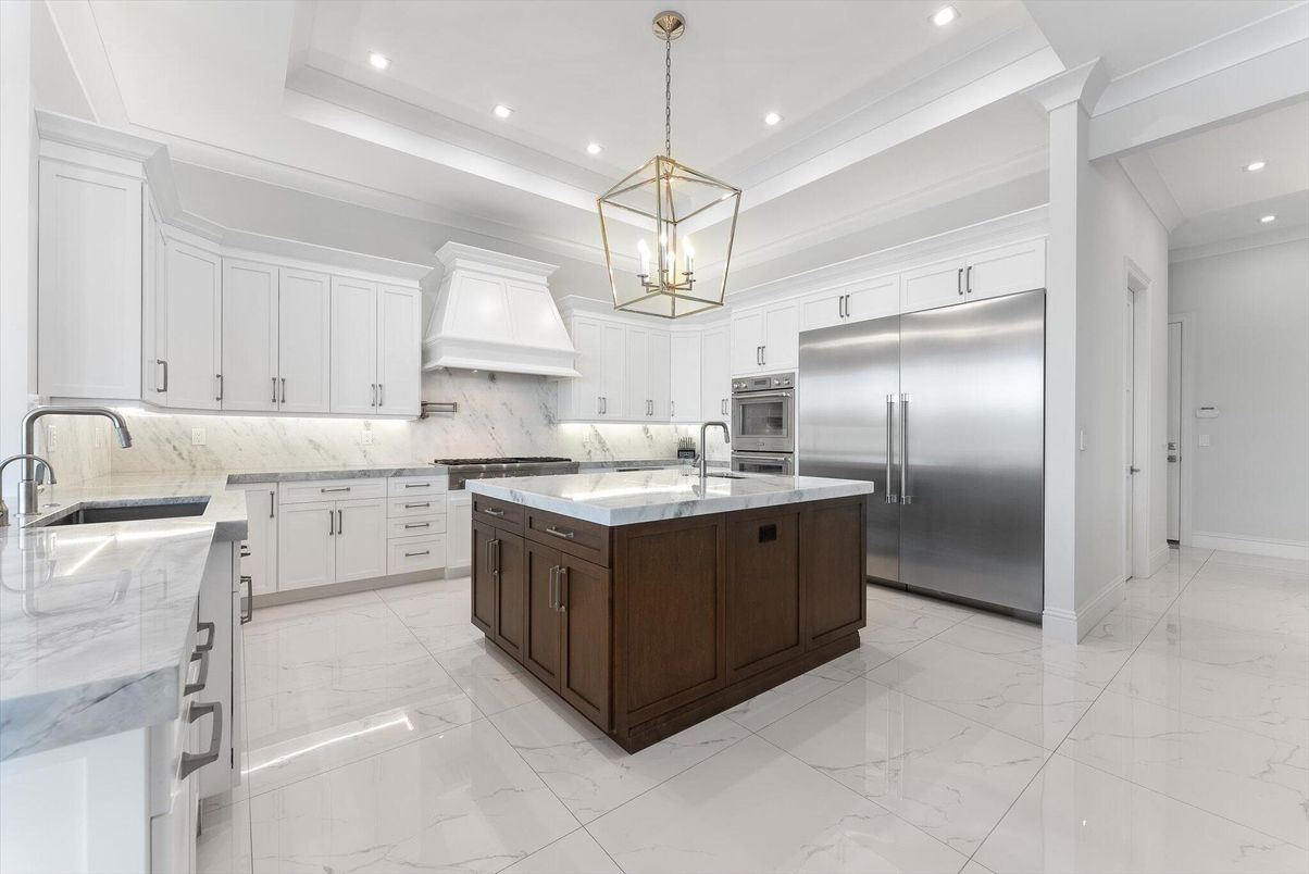 Interior, Kitchen, Marble, Pendant Lights, Recessed Lighting, Stainless Steel Appliances